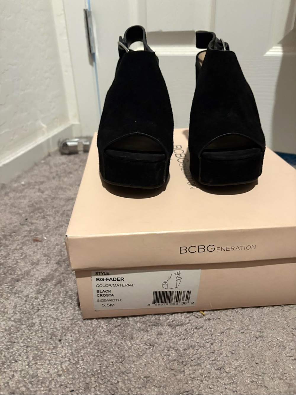 BCBG Black Suede Platform Peep-Toe Sandals